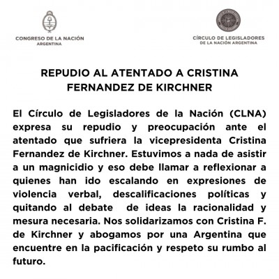 REPUDIO AL ATENTADO A CRISTINA FERNANDEZ DE KIRCHNER